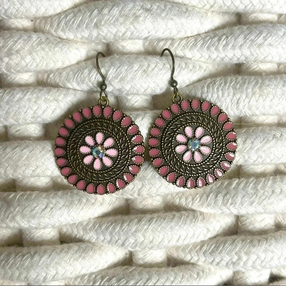 Pink & Bronze Flower Boho Earrings - Picture 4 of 4
